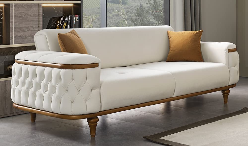 Luxury Sofa Couch with Tufted Armrests, Gold-Tone Solid Sagwan Wooden Legs and Base,Sofa Set for Living Room, Hall (Cream, 3 Seater)-image-28