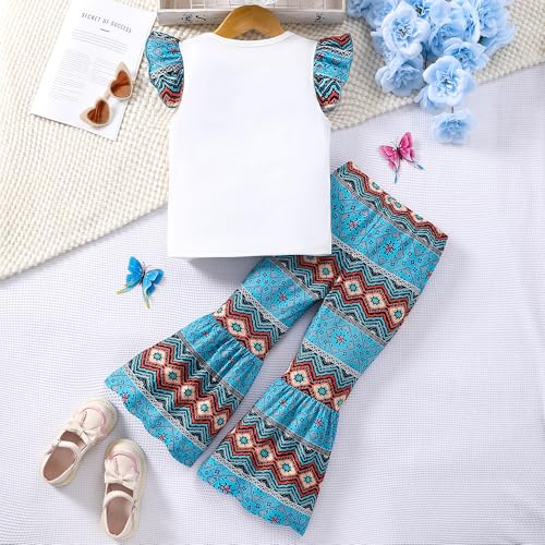 Image of Girl 2pcs set with ruffle sleeves top flared pants spring summer short sleeves 4-12Y