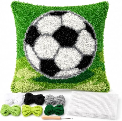 Image of clubevy DIY Latch Hook Kits Pillow Case Embroidery Carpet Set Needlework Pillow Cover Sofa Cushion Cover Craft Kits 17x17 inch (4158football)