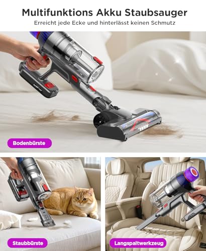 Suafsu Akku Staubsauger Kabellos 550W 45000Pa - Langer Laufzeit mit LED Display und Anti Tangle Bürste, Selbststehender Staubsauger Für Hartböden Teppiche Tierhaare