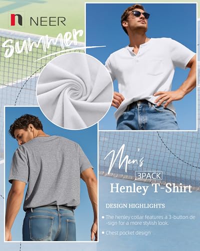 Neer 3 Pack Men's Big and Tall Henley T-Shirts, Short Sleeve Cotton Pocket Oversized Tops Casual Summer Soft Loose Basic Tees2