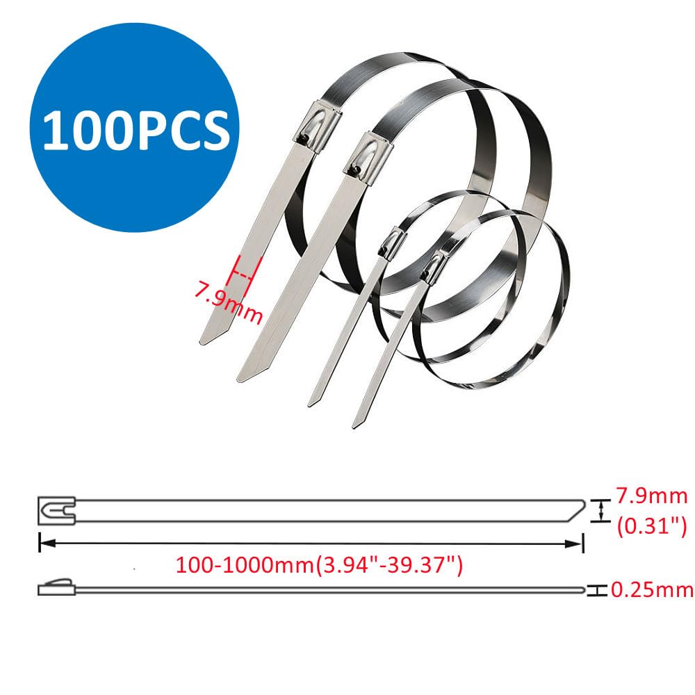 Opaski zaciskowe 10 20 50 100 szt. 7,9 mm 0,31 cala Opaski zaciskowe ze stali nierdzewnej 304 Owijka wydechu powlekana, blokująca, metalowa opaska zaciskowa(100pcs,7.9x450mm)