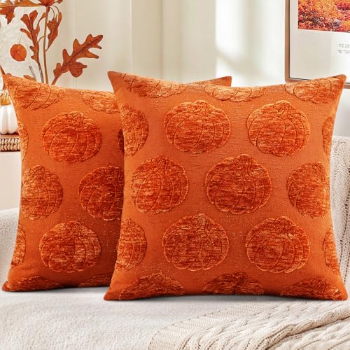 Image of decorUhome Decorative Rust Pumpkin Thanksgiving Throw Pillow Covers 18x18 Set of 2, Soft Chenille Jacquard Farmhouse Textured Pillow Covers for Couch Bed Sofa Autumn Harvest Halloween Holiday