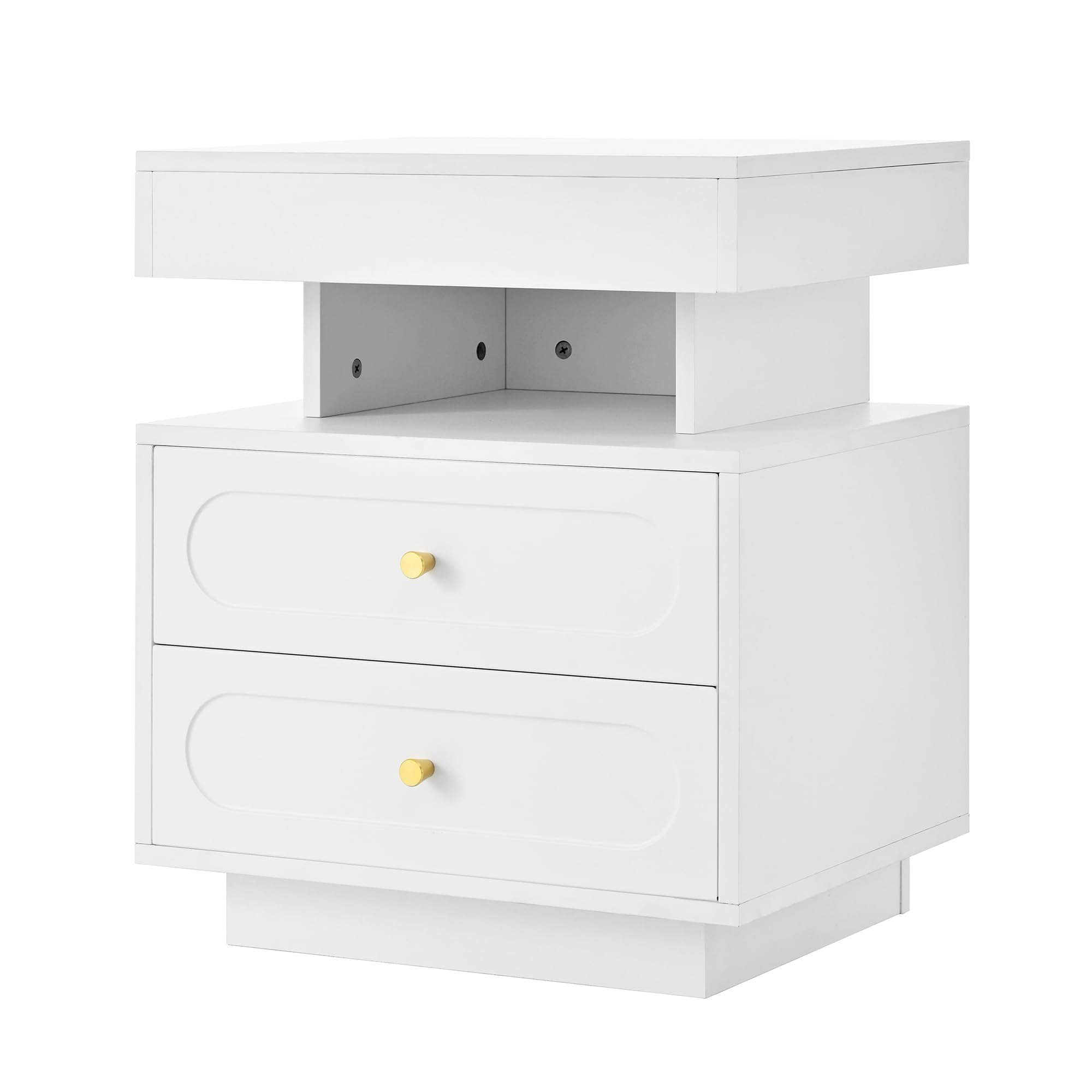 Mesita de noche con iluminación LED, cómoda de noche con 2 cajones, 1 espacio de almacenamiento abierto, blanco, ancho 50/T40/alto 60 cm