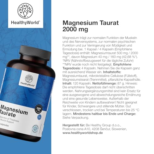 HealthyWorld® Magnesium Taurat 2000 mg - 120 Pflanzenkapseln - Magnesium + Taurin - Hoher Gehalt - Für Muskeln und Nervensystem - Gut verträglich
