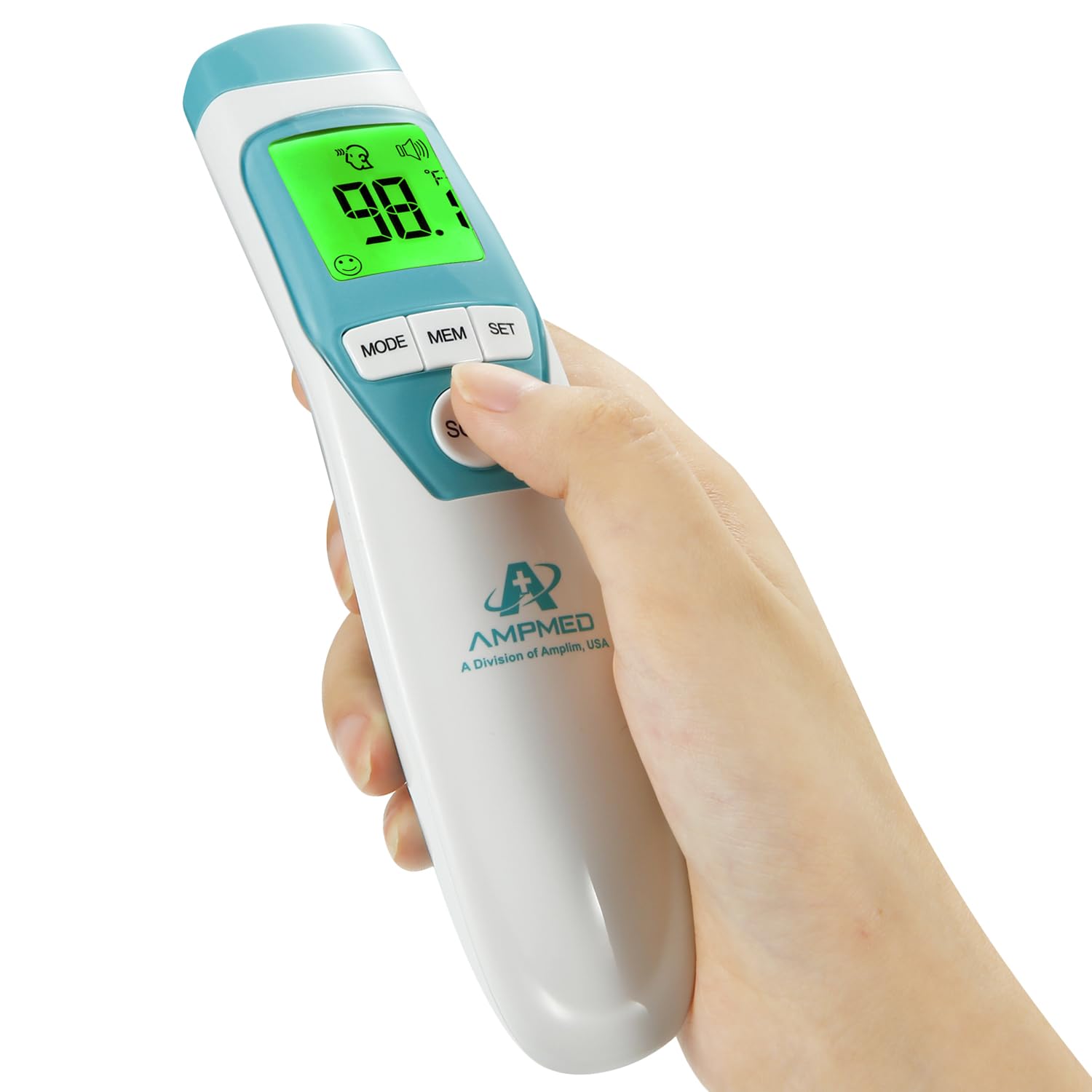Amplim Hospital Medical Grade Non Contact Clinical Forehead Thermometer for Baby and Adults, Blue Turquoise White