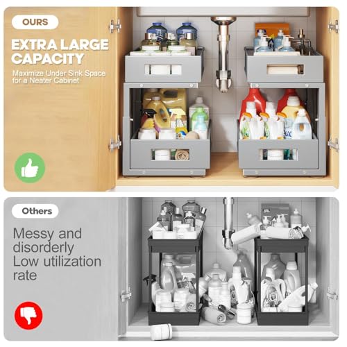Image of 2 Packs 17IN Depth Under Sink Organizer, 2-Tier Pull Out Cabinet Organizer With Smooth Circular Rail, Large Capacity Metal Mesh Sliding Drawers For Bathroom& Kitchen Storage,Height Adjustable-Gun Gray