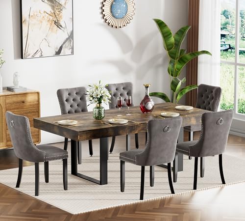 Image of 63 inch-78.74 inch Rustic Brown Extendable Dining Room Table Set for 6, 7-Piece Dining Table Set with 6 Upholstered Chairs, Rectangle Wooden Expanding Kitchen Table and Grey Chairs Set
