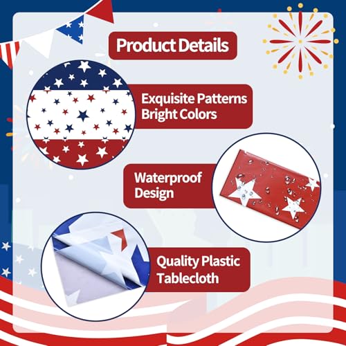 Image of Gistome 3 Pack 54 x 108 Inch 4th of July Plastic Tablecloths, Red White Blue Stars Disposable Rectangle Table Covers for Independence Day Memorial Day Party Decorations