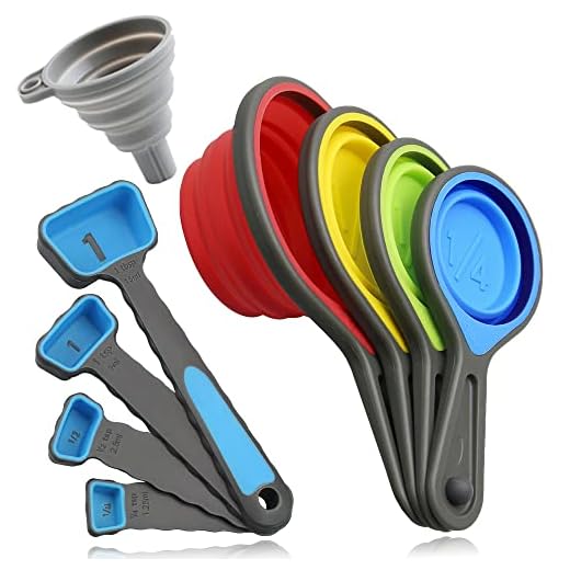 Measuring Cups and Spoons set, Collapsible Measuring Cups, 8 piece Measuring Tool Engraved Metric/US Markings for Liquid & Dry Measuring, Space Saving, BPA Free Silicone, Colorful
