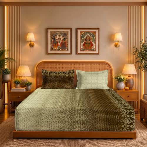 Image of Urban Space Serene 300TC 100% Cotton King Size Bedsheet, Panel Design Super Soft Bed Sheet for King Size Bed, King bedsheet with 2 Pillow Covers (108 inch x 108 inch, Sun&Sand Brown)