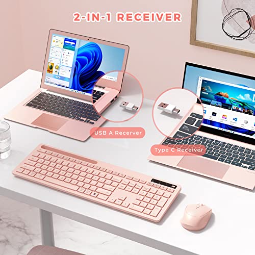 Vivefox Pink Wireless Keyboard With Phone Holder Usb A & Type C Receiver Rose Gold Keyboard And Mouse Compatible For Windows, Mac, Macbook/Air/Pro Computer #TOP1