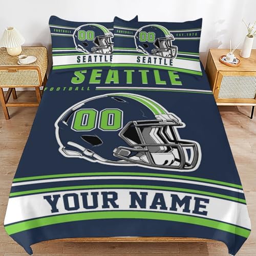 Blinshir Custom Seattle Comforter Cover with 2 Pillowcase Personalized Football Style with Name Number Customized Sports Themed Bedding Set Gifts for Fans Family Birthday Christmas Bedroom Decoration