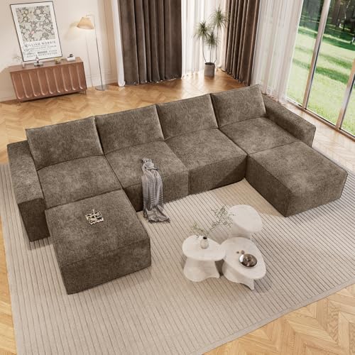 Image of Vesgantti 145.6 inch Modular Boneless Couch, Modern U Shaped 6 Seater Sectional Sofa with 2 Ottoman & Deep Seat, Convertible Chenille Cloud Couches for Living Room, No Assembly Required, Dark Brown