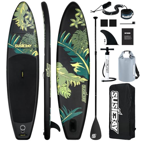 SWAYIT Tabla de Paddle Surf Hinchable Stand Up Paddle Board Tabla de Surf Premium con Accesorios Remo Ajustable, Bomba Manual, Aleta, Correa, Kit De Reparación, Mochila (Black Leaf)