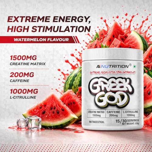 Image of Greek God Pre Workout | Extreme High Stim | 200mg Caffeine, 3000mg Beta-Alanine, 1000mg Citrulline, Black Pepper Extract | Explosive Energy & Focus (15 Servings, Watermelon)