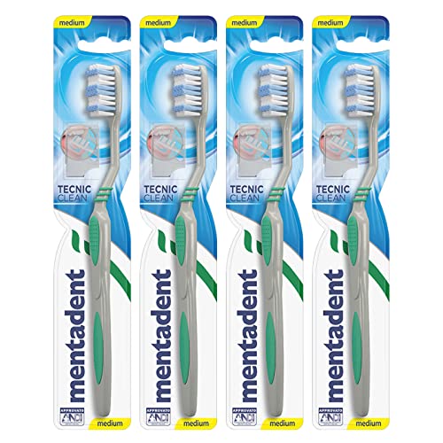 4x Mentadent Tecnic Clean Spazzolino con Setole Medie e Pulisci Lingua - 4 Spazzolini