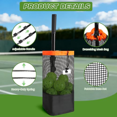 Tennis Ball Hopper & Pickleball Picker Upper, Ball Collector Hopper Holds 60 Tennis Balls or 50 Pickleballs, Adjustable Handle, Heavy-Duty Spring Ball Retriever for Training & Court Practice (2)