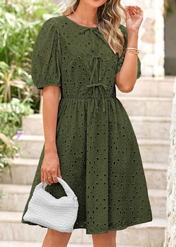 Image of KIRUNDO Eyelet Summer Dresses for Women 2025 Short Sleeve Tie Front Babydoll A Line Wedding Guest Beach Vacation Sundress