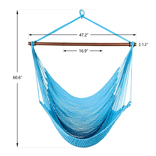 Upgraded Caribbean Hammock Chair With Detachable Metal Bar, Large Hammock Swing Chair, Xl Rope Hanging Chair For Outdoor Indoor, 330 Lbs Weight Capacity, Deepskyblue #TOP5