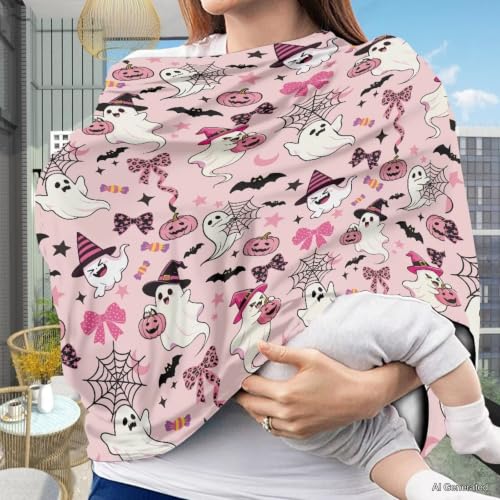 Image of Wanyint Infant Car Seat Cover Baby Carseat Scarf Stretchy Nursing Scarf Car Seat Canopy Breathable Nursing Cover for Boys Girls Halloween Decor, Cute Ghost Witch Bow Pink