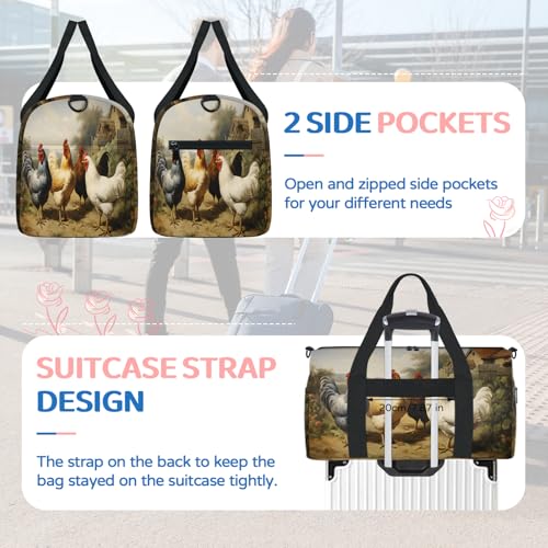 Farmhouse Rooster Chicken Sports Duffle Bag for Travel Waterproof Carry on Tote Bag with Adjustable Strap Travel Weekender Overnight Bags for Dance, Swim4
