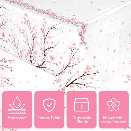 Image of Ganeen 3 Pcs Cherry Blossom Disposable Tablecloth Pink Floral Plastic Table Covers 54 x 108 in Waterproof Tablecloth for Japanese Decorations Woman Tea Party Wedding Bridal Birthday Garden Picnic
