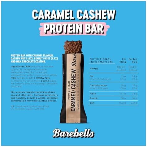 Barebells Protein Bars Caramel Cashew - 12 Count, 1.9oz Bars with 20g of High Protein - Chocolate Bar with 1g of Total Sugars - Perfect on The Go Snack & Breakfast Bar