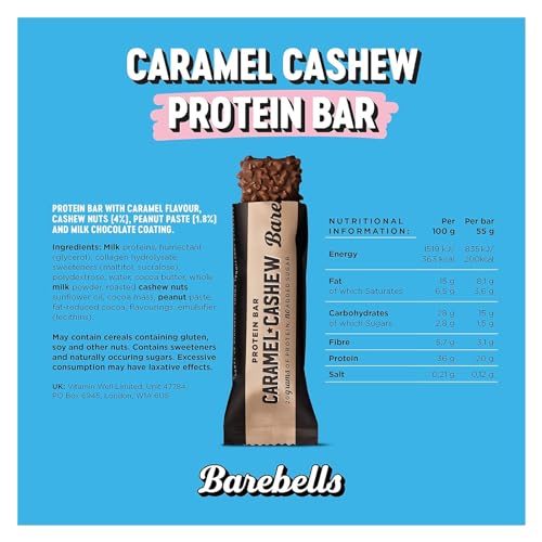 Barebells Protein Bars Caramel Cashew - 12 Count, 1.9oz Bars with 20g of High Protein - Chocolate Bar with 1g of Total Sugars - Perfect on The Go Snack & Breakfast Bar