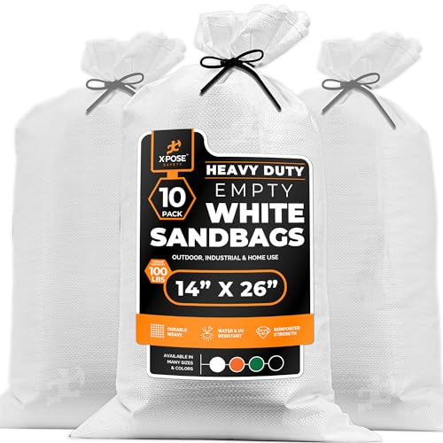 Image of Xpose Safety Heavy Duty Sand Bags with Tie Strings - Empty Woven Polypropylene Sandbags for Hurricane Flood Protection, 100 lb Capacity, 14 inch x 26 inch, White, Pack of 10