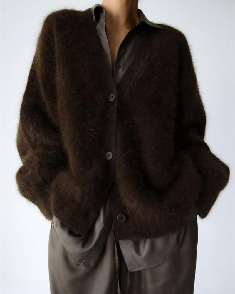 Womens Fuzzy Sweaters Cardigan V-Neck Button Down Oversized Mohair Sweater Casual Y2k 2025 Fall Winter - Image 2