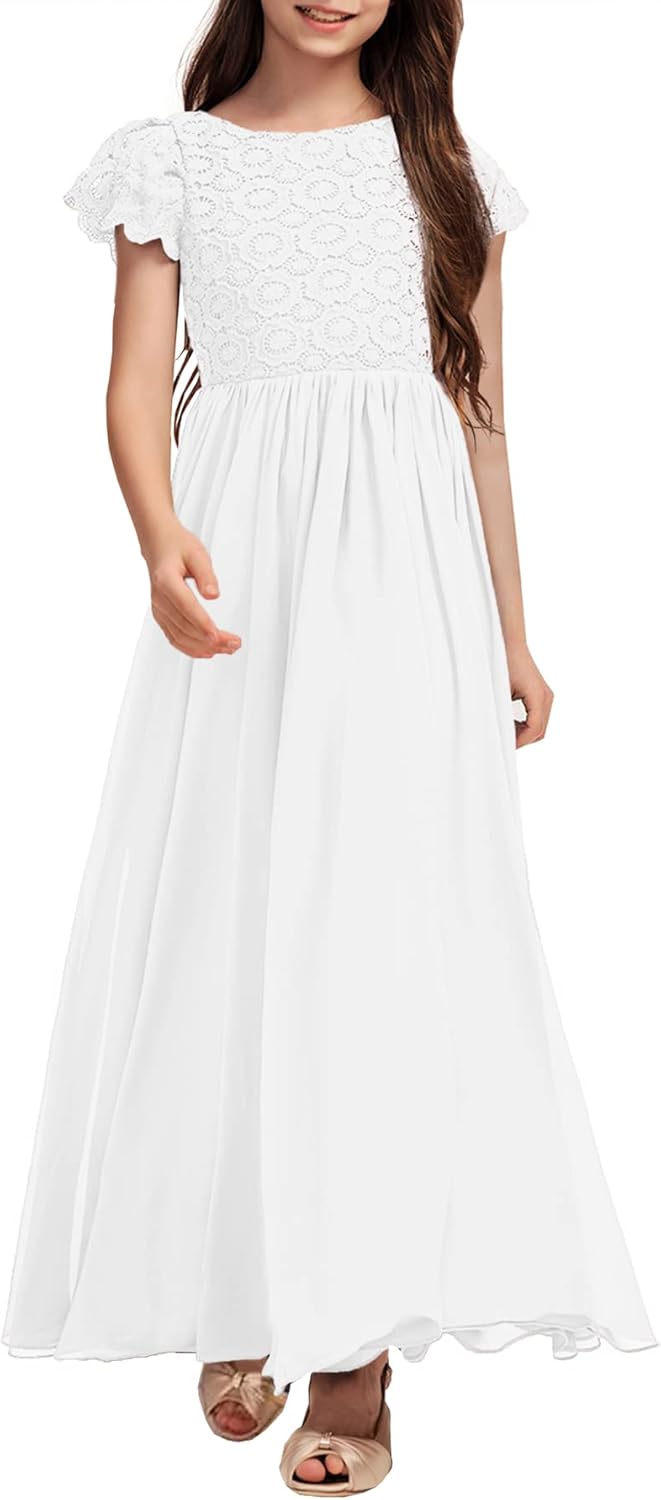 HOSIKA Girls Vintage Chiffon Ruffle Sleeve A-Line Wedding Party Maxi Junior Bridesmaid Dress for Kids 6-12 Years - Image 8