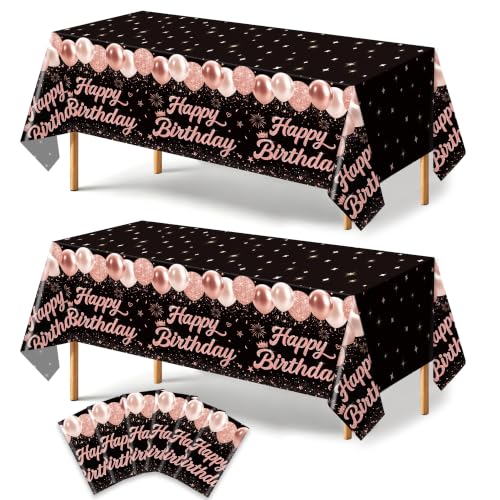 Image of 6 Pack Black and Rose Gold Happy Birthday Tablecloths, 54 x 108 Inch Covers | Rose Gold Birthday Party Decorations for Women, Girls and Teens, Ideal for Cake, Dessert, Gift and Buffet Tables