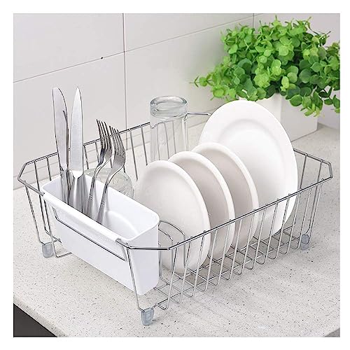 IKEBANA Dish Drying Rack Kitchen in-Sink Chrome Finish Wire Dish Rack,Small Dish Drainer Rack with Removable White Plastic Utensils Holder