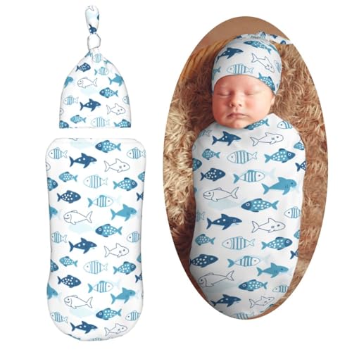 Image of Blue Shark and Fish Newborn Swaddle Blankets Hat Sets Soft Baby Receiving Blanket Swaddle Sack for Baby Shower Infant Boy Girl Gift