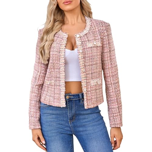 Csvinkiko Women's Tweed Blazers Cropped Long Sleeve Crewneck Open Front Lace Trim Lightweight Plaid Work Business Jackets(Pink-S)