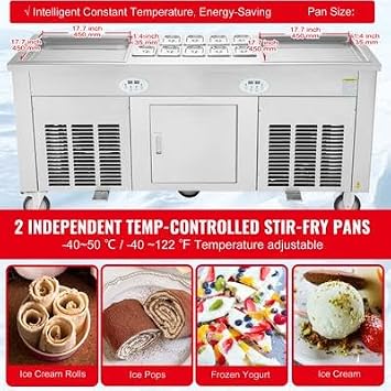 Happybuy Fried Ice Cream Roll Machine, 2Pcs 17.7 x 17.7 Square Pans, Stainless Steel Commercial Rolled Ice Cream Maker with Compressor and 4 Scrapers, for Ice Cream and Frozen Yogurt