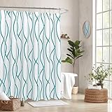 Biscaynebay Extra Long Textured Fabric Shower Curtain 72 W x 84 L, Turquoise Striped Printed Linen Modern Hotel Luxury Quality Cloth Bathroom Curtains Machine Washable