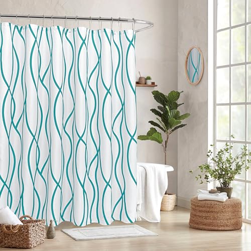 Biscaynebay Textured Fabric Shower Curtain 72x72 Inch Turquoise Striped Printed Linen Modern Hotel Luxury Quality Cloth Bathroom Curtains Machine Washable