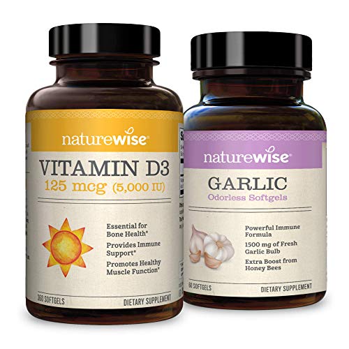 NatureWise Vitamin D3 5000IU & Odorless Garlic Softgels Bundle for Immune System Support, Heart Health, Antioxidant Defense, Bone Density & Strength