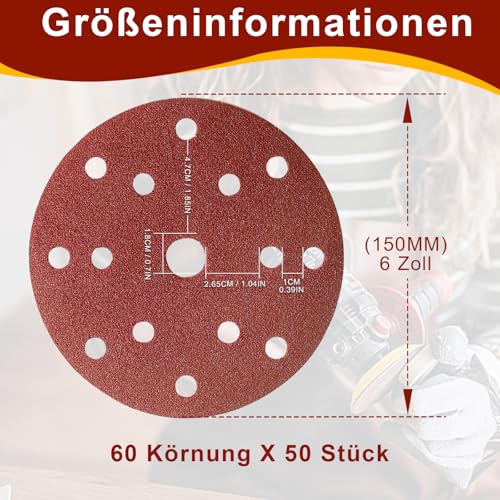 Huopueit 50 Stück Schleifpapier 150mm Klett 60 Körnung 15 Loch Schleifscheiben für Rund Exzenterschleifer für Holz Metall und Farbe