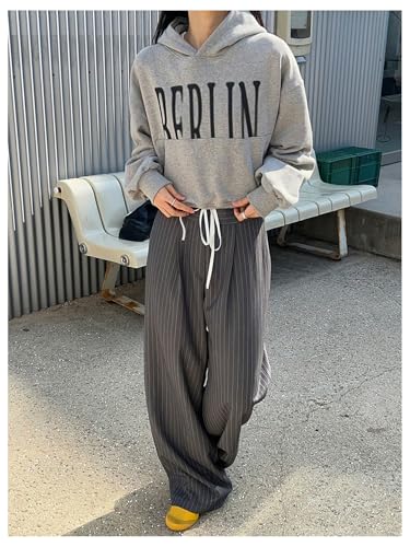 GORGLITTER Women's Baggy Wide Leg Pleated Dress Pants Striped Drawstring Waist Trousers,Size Runs Small, Please Size Two Up3