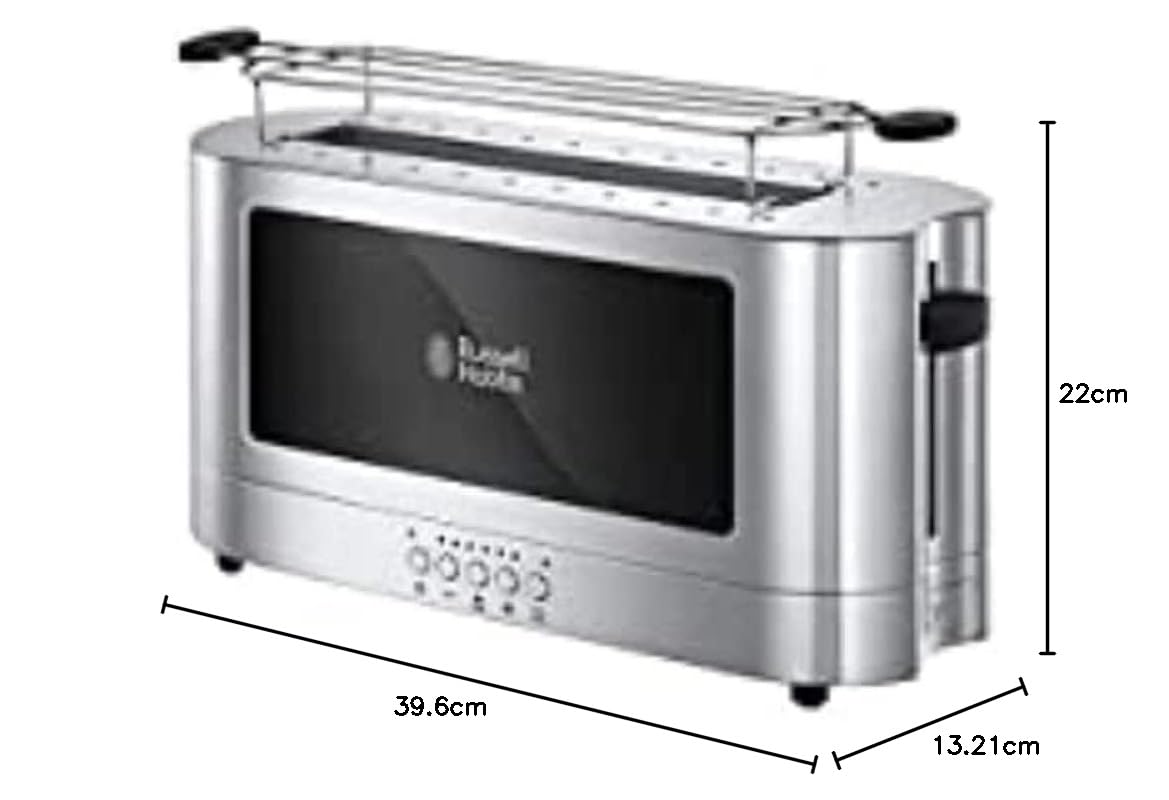 Russell Hobbs Tostapane Elegance 2 Fette o 1 Fettona 1420 W, Scomparto Extra Largo, 6 Livelli Doratura, Funzione Scongelamento, Vetro e Acciaio Inox – 20370-56