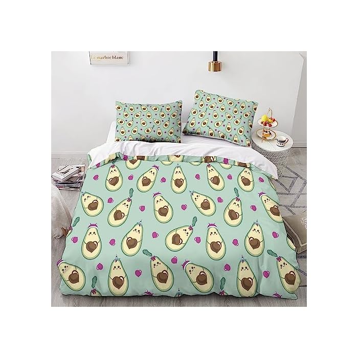 HMLTD Karikatur 3D Bettbezug Avocado Set Gedruckter Bettbezug Bettwäsche-Sets Bettbezüge MitReißverschluss Und Kissenbezüge Mikrofaser 3teilig King（220x240cm） – Bild 3