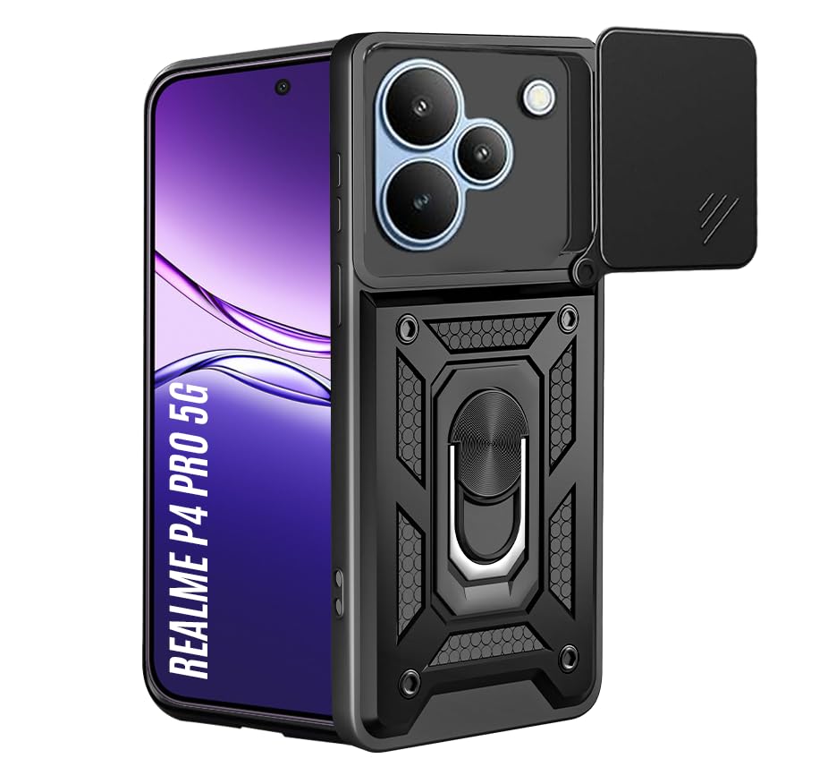 Image of Heavy Duty Back Case Cover for Realme P4 Pro 5G, Shockproof Realme P4 Pro Back Cover, Ring Case with Kickstand and Camera Protection Shutter - Black