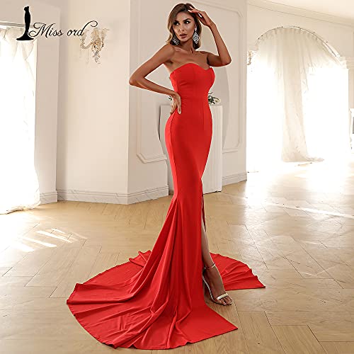 Miss Ord Women's Sexy Formal Strapless Asymmetric Slit Long Evening Prom Dress Wedding Party Maxi Gown Red #TOP5