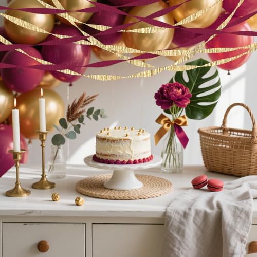 Image of 4 Crepe Paper Streamers Rolls, 328ft Pack of Burgundy and Gold Crepe Paper for Birthday Graduation Anniversary Party Decorations DIY Supplies for Flowers Making (1.8 inch x 82 ft /Roll)