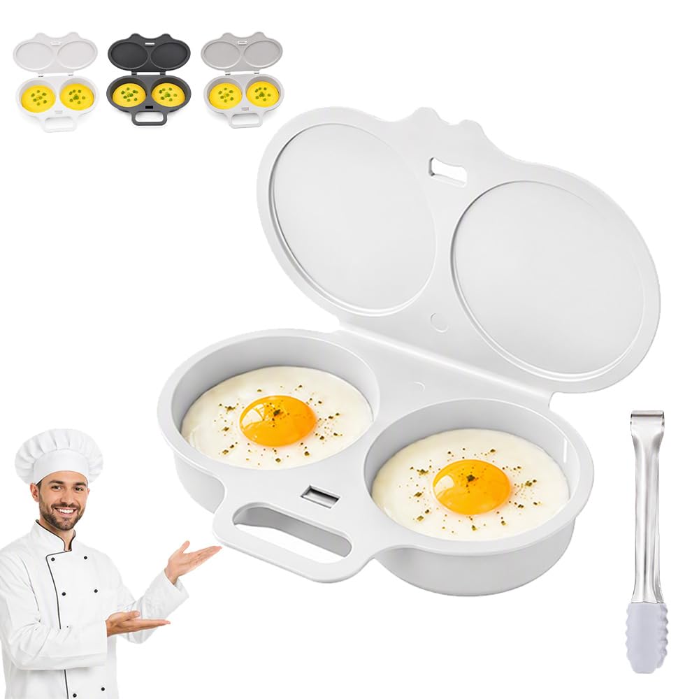 Dual Cavity Microwave Egg Poacher, 2-Egg Cooker with Lid &amp; Handle (A)