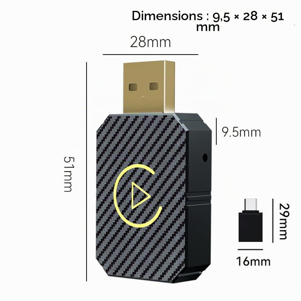 Adaptateur CarPlay sans fil pour voiture | USB C/WIFI / Bluetooth - Conversion sans fil de câble | Plug & Play | Compatible avec iPhone iOS 10+