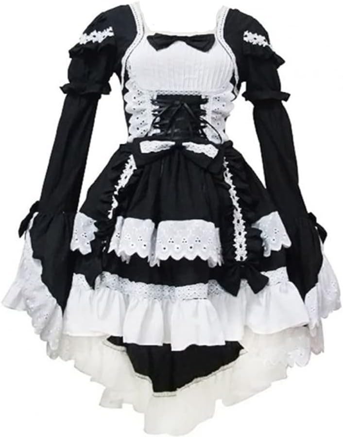 Womens High Low Hem Gothic Lolita Dress Anime Maid Cosplay Black 5X-Large